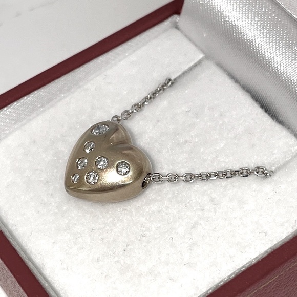 Solid 14K Yellow White Gold Natural Diamond Chunky Puffy Heart Pendant Necklace - Picture 5 of 17